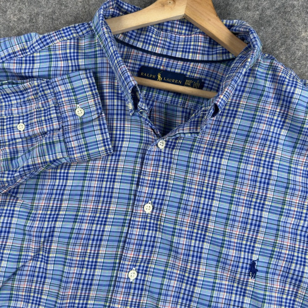 Polo Ralph Lauren Shirt Mens 3XLT Blue Plaid 100% Cotton Button Down Long Sleeve